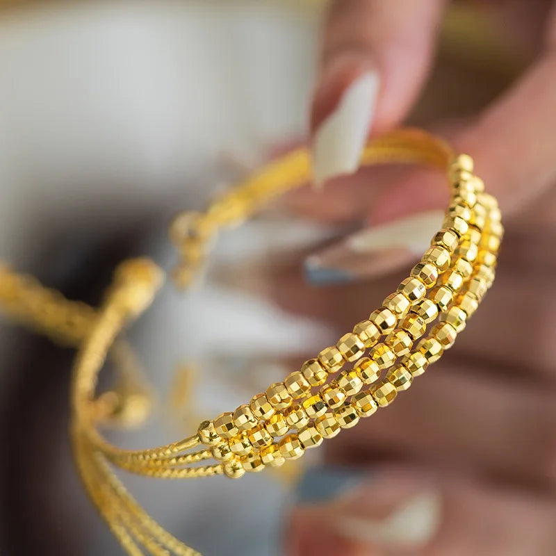 Fashion 14 K Gold Color Lucky Bead Bangle for Women Bride Open Laser Shining Bangle Birthday Wedding Jewelry Gifts Not Fade