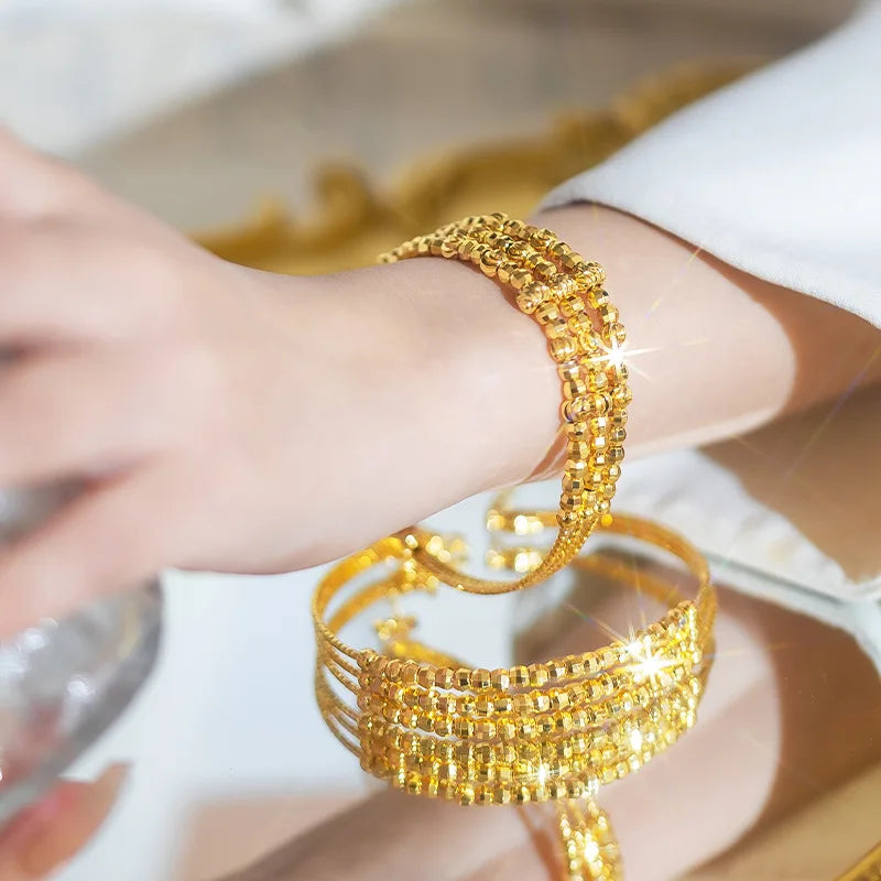 Fashion 14 K Gold Color Lucky Bead Bangle for Women Bride Open Laser Shining Bangle Birthday Wedding Jewelry Gifts Not Fade