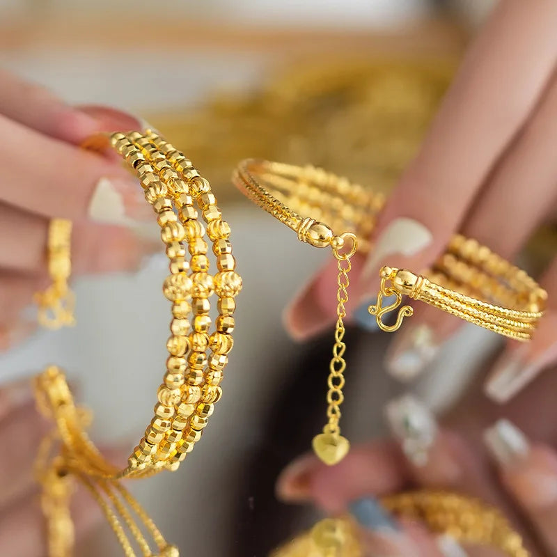 Fashion 14 K Gold Color Lucky Bead Bangle for Women Bride Open Laser Shining Bangle Birthday Wedding Jewelry Gifts Not Fade