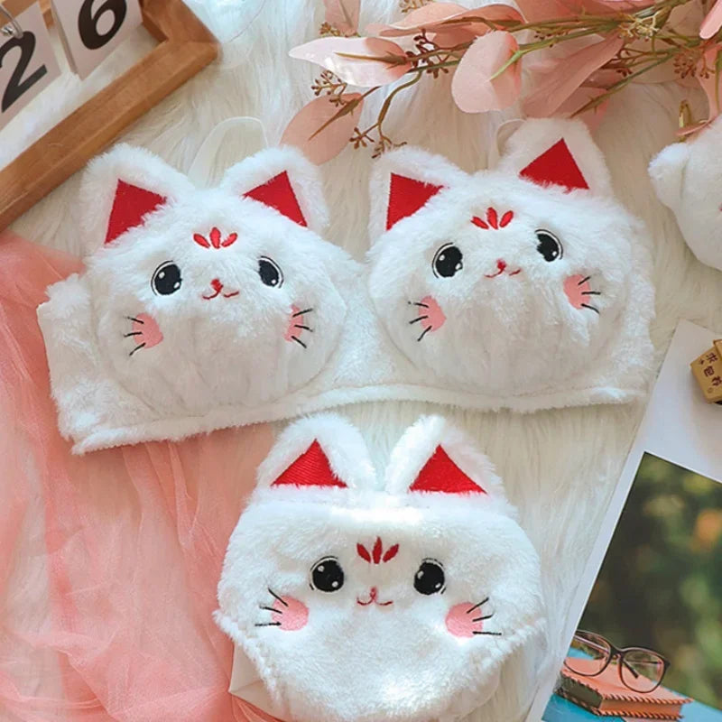 Winter Japanese lingerie, red cat furry, plush bra, furry, warm and sexy women's lingerie